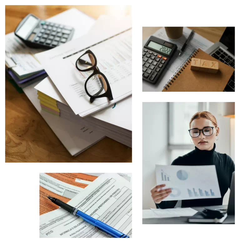 dokumenty, kalkulator, okulary i pani trzymająca dokument